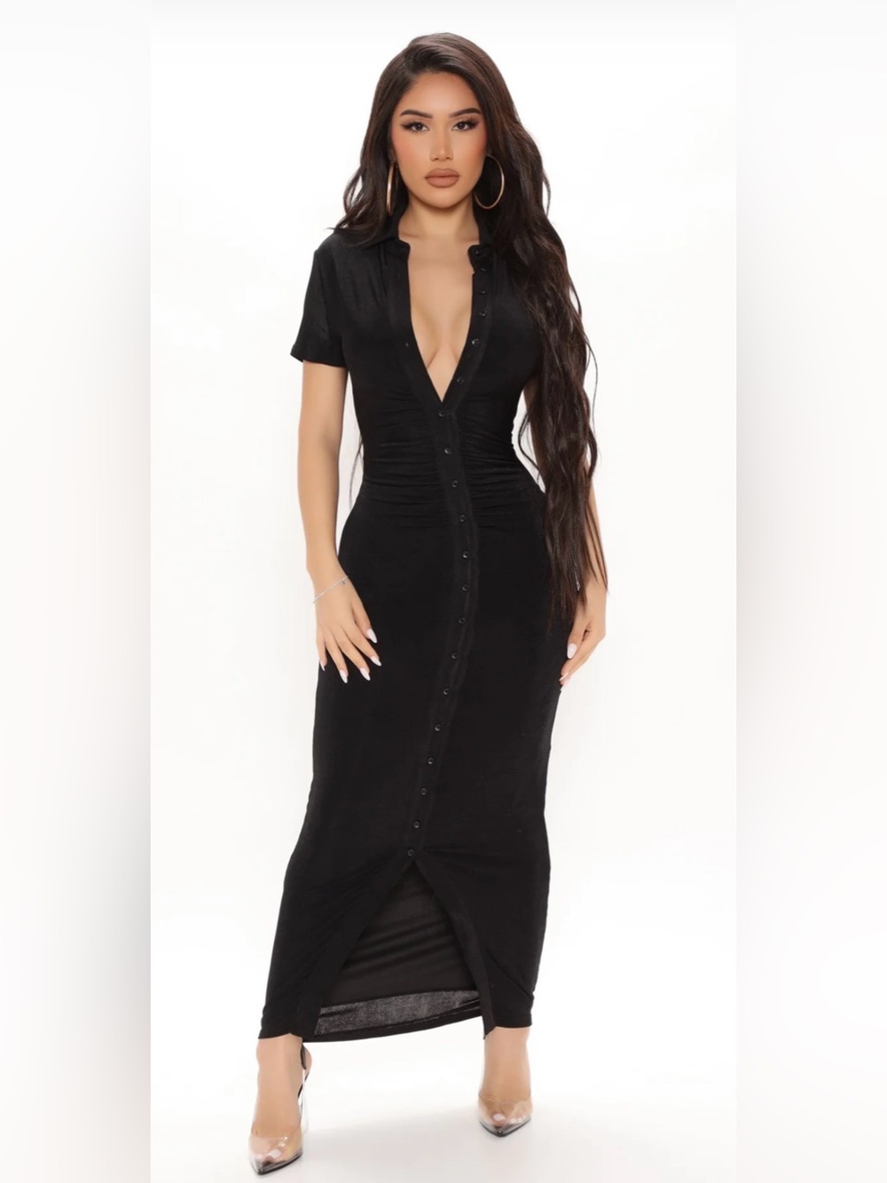 Black Button-Front Ruched Maxi Dress